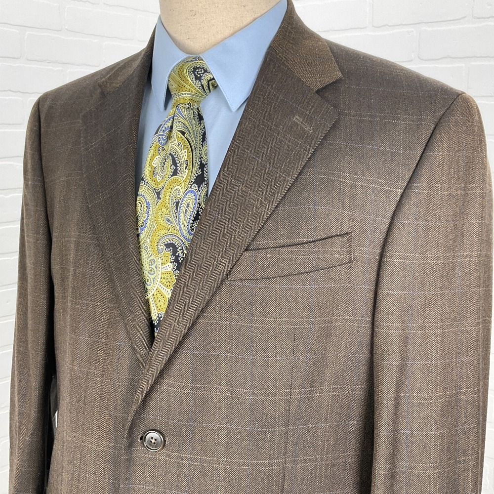 Nautica Blazer Men 41R Brown Blue Herringbone Plaid Wool Classic Suit Jacket VTG